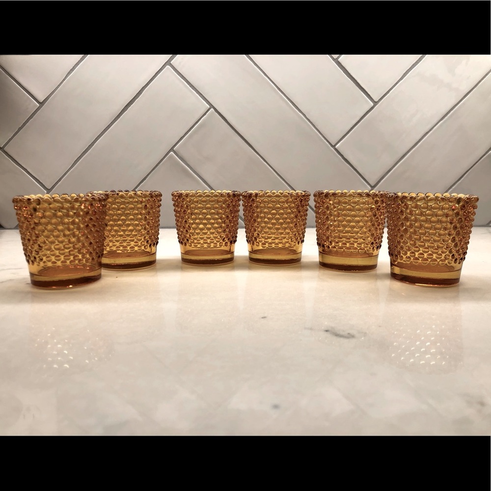 Six Amber Depression-Glass-Style votive holders